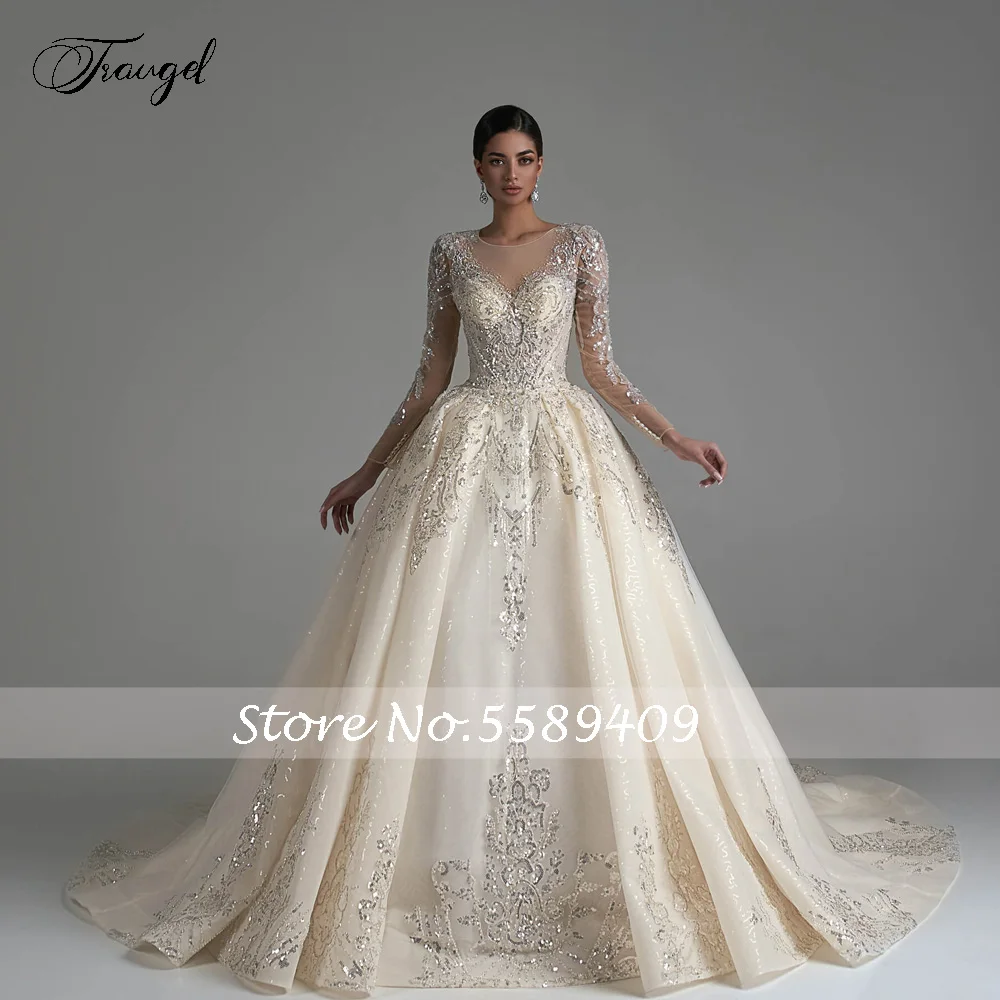 Traugel Ball Gown Luxo Vestidos De Noiva O-Neck Manga Longa Vestido De Novia Lace frisada Capela Trem Glamorous Vestido De Noiva