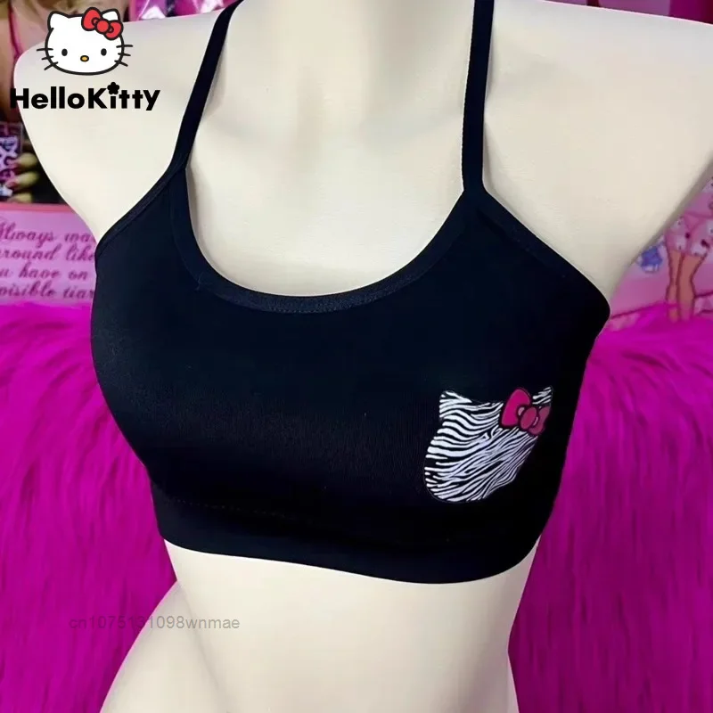 Y2k Leopard Patterned Hello Kitty Print Camisole Tops With Chest Pads For Women Comfortable Cross Back Sports Underwear Bras