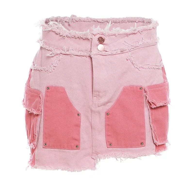 

Color Patchwork Casual Mini Cargo Skirt Women Y2k 2023 Autumn Fashion Denim Pocket Button Fly Short Skirs Streetwear