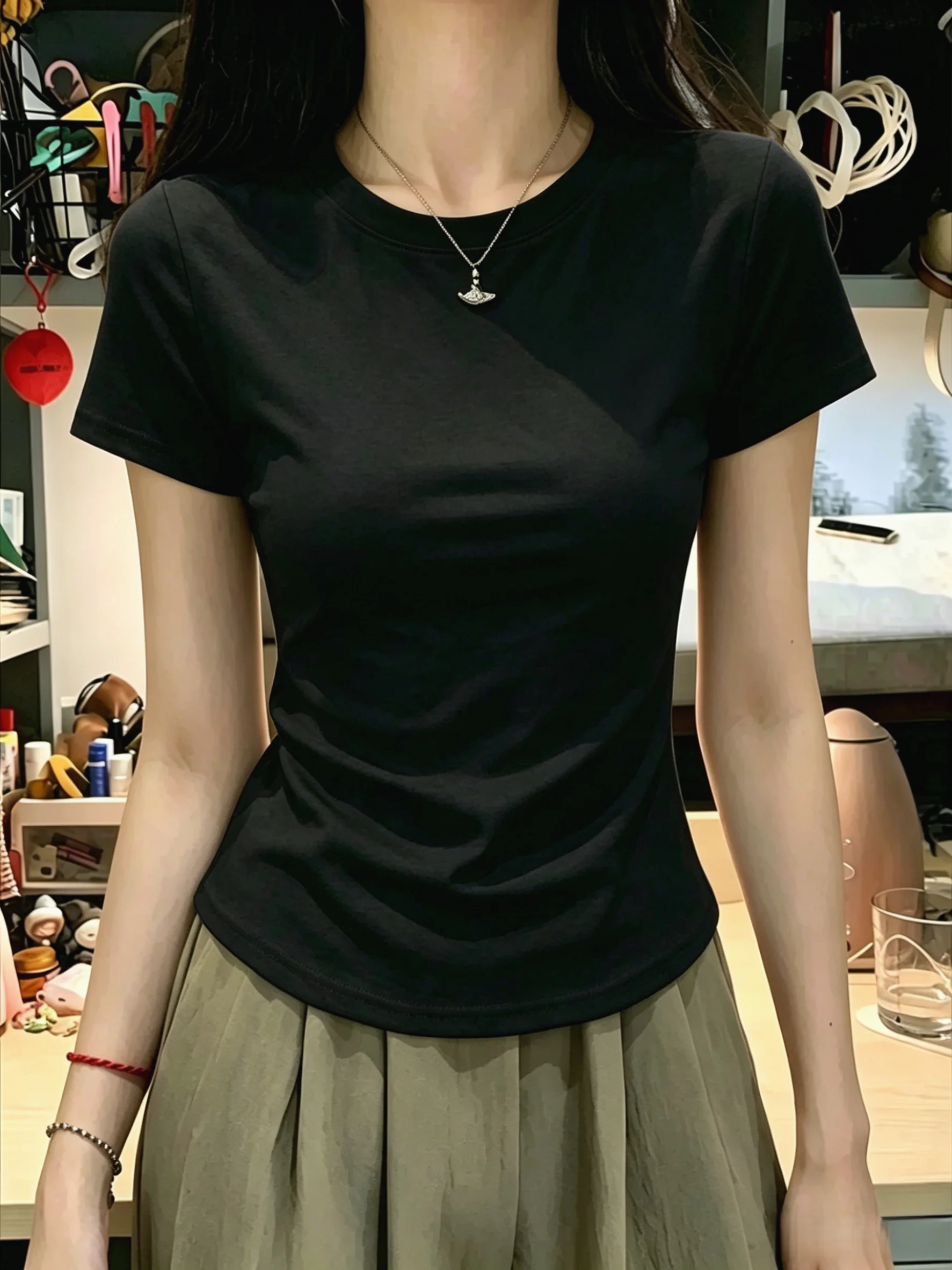 95 Cotton round Neck Short Sleeve Base Shirt Women's Summer New Style plus Size Slim Fit Inner Wear T-Shirt Casual Top