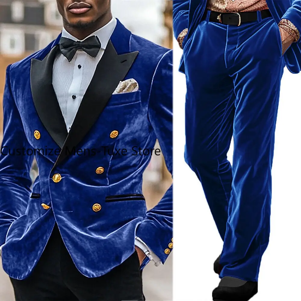 

Royal Men's Velvet Suits Double Breasted Black Collar Coat for Business Wedding