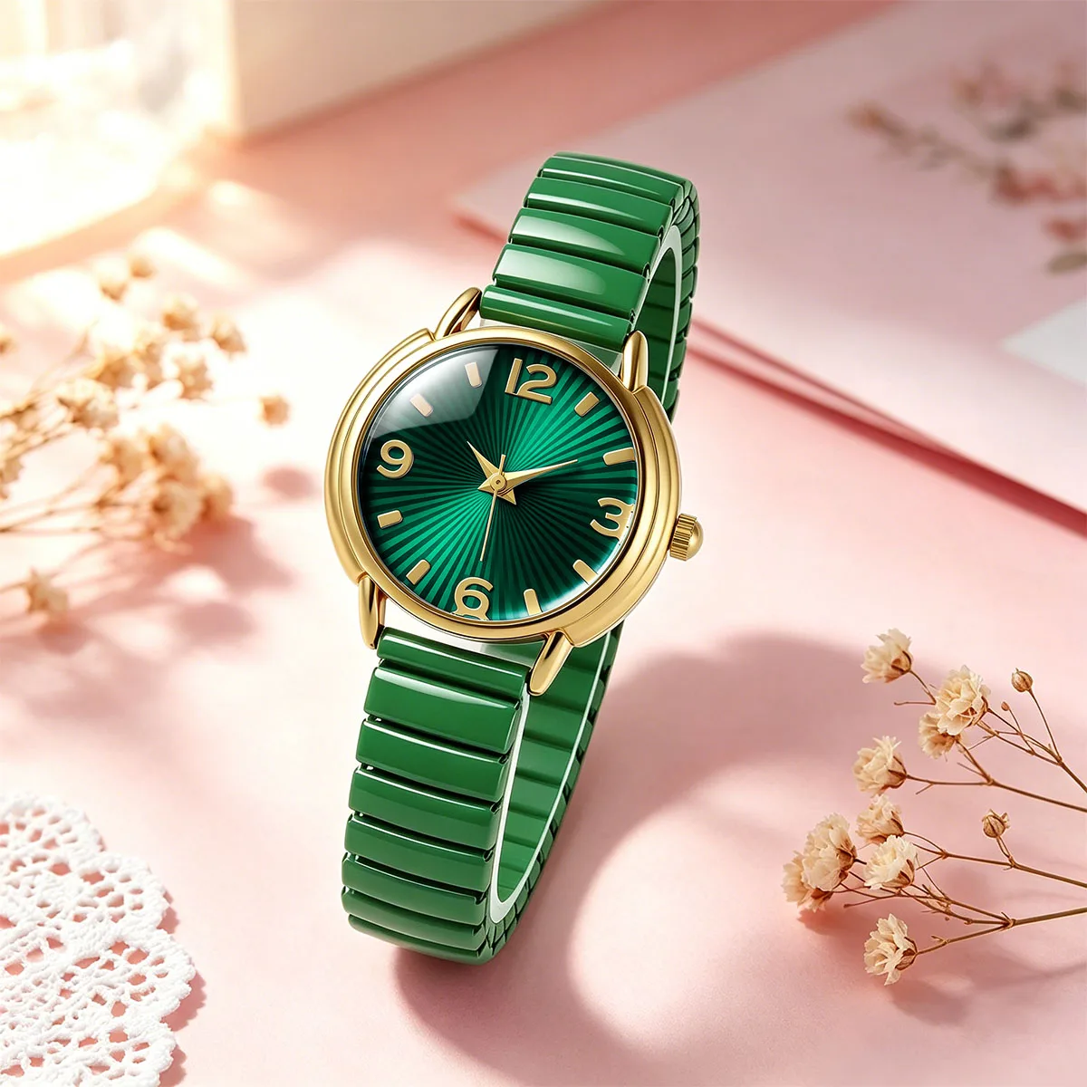 Elegant Ladies Sunburst Dial Quartz Watch Purple Stretch Metal Band Women Watches