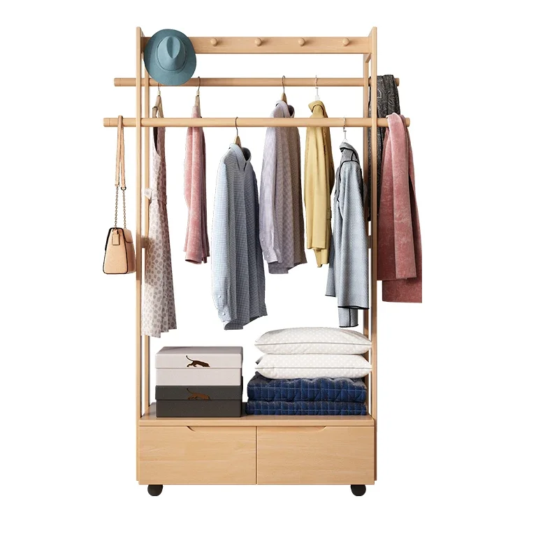 

Natural Wooden Home Furniture All Solid Wood Coat Clothes Hanging Rack With Wheels And 2 Drawers