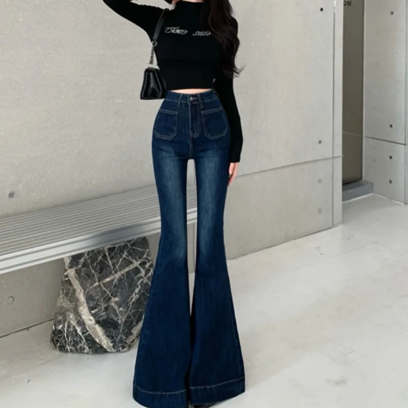 ارتفاع الخصر جرس بوت الجينز المرأة التخسيس تأثير الساق الطويلة مطاطا الدنيم السراويل الخريف الشتاء جديد Sle الأزرق القطن تمتد