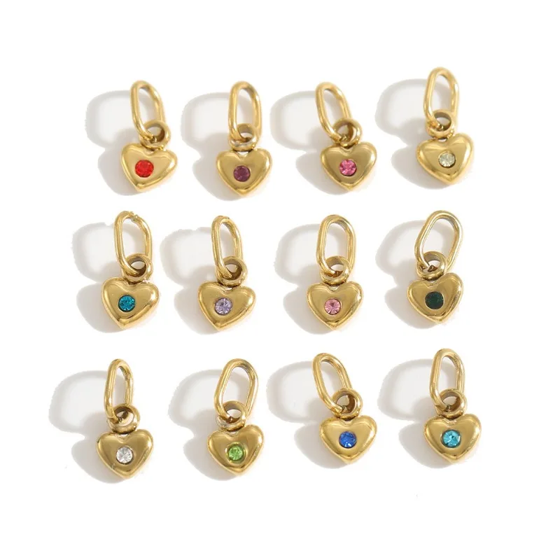 Stainless Steel Mini Heart Charms Gold Plated Inlaid CZ Crystal Tiny Heart Pendants Birthstone DIY Jewelry Making Supplies ****