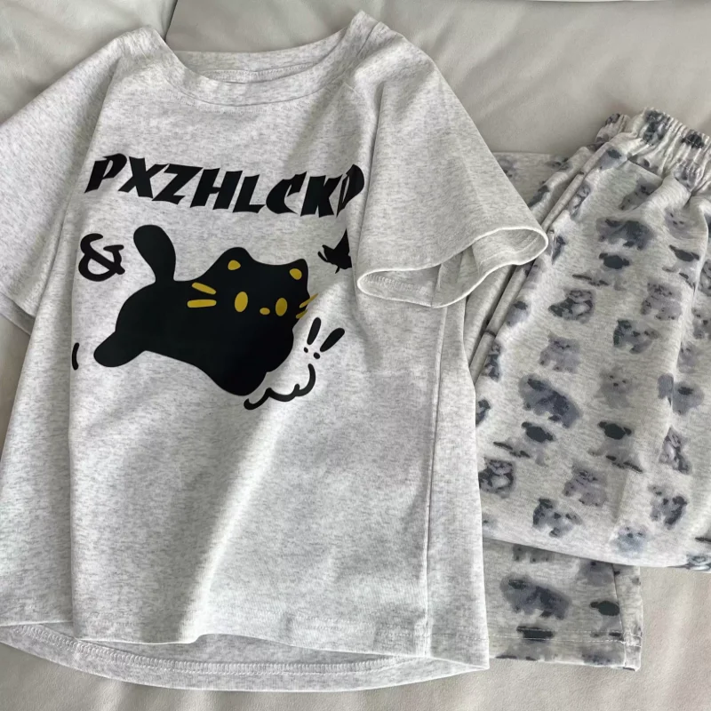 Women\'s cute cat pajamas cartoon cat pajamas set cotton loose comfortable cat loungewear 2024 fall New