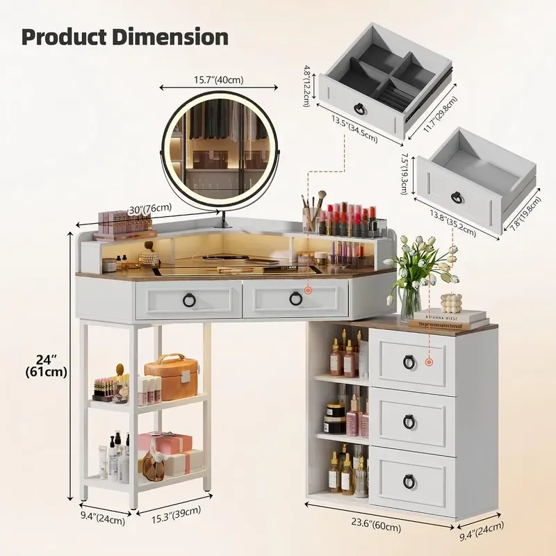 Corner Vanity Desk with Rotating Mirror and Lights Glass Top White