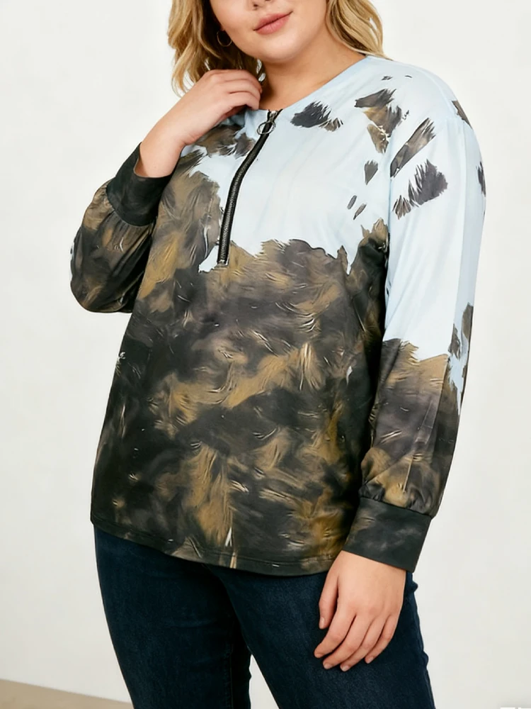 التخليص حجم كبير مطبوعة طويلة الأكمام البلوز نصف البريدي الجولة الرقبة قميص بولو حجم كبير بلايز المرأة للبيع تي شيرت غير رسمي #5