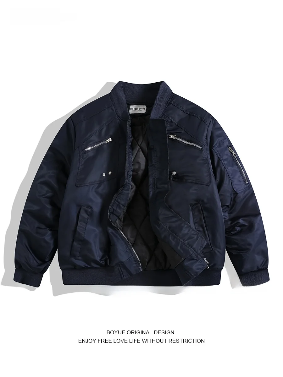 

Мужская куртка Boyue Warm Flight Jaet из хлопка, бейсбольный стиль, верхняя одежда, с множеством молний, удлиненная, чистый дизайн