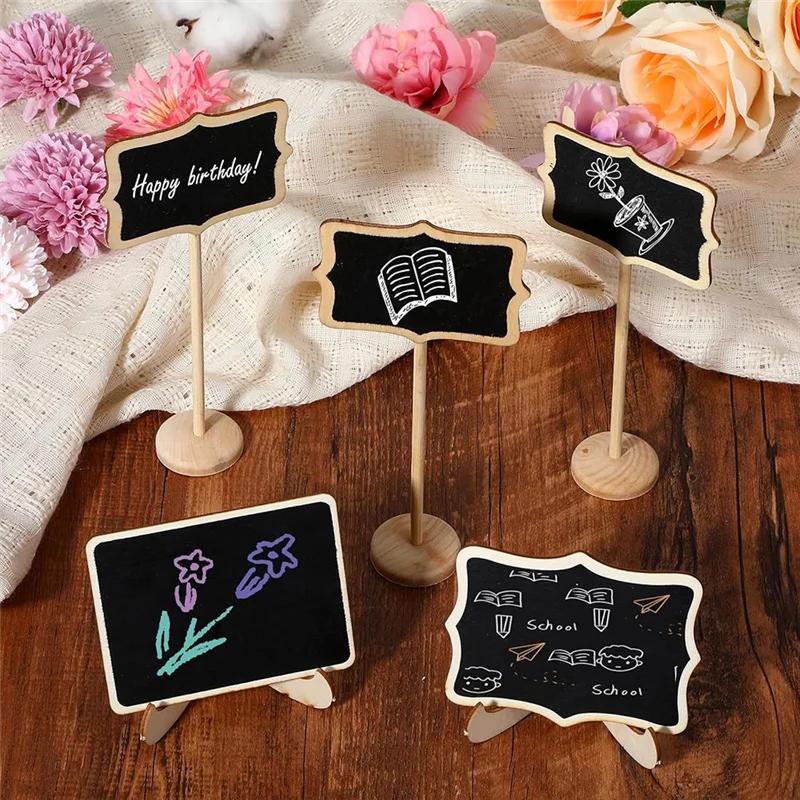 A13E-50Pack Mini Chalkboard Signs For Food, 3 Shapes Small Chalkboard Signs With Stand Wooden Food Signs