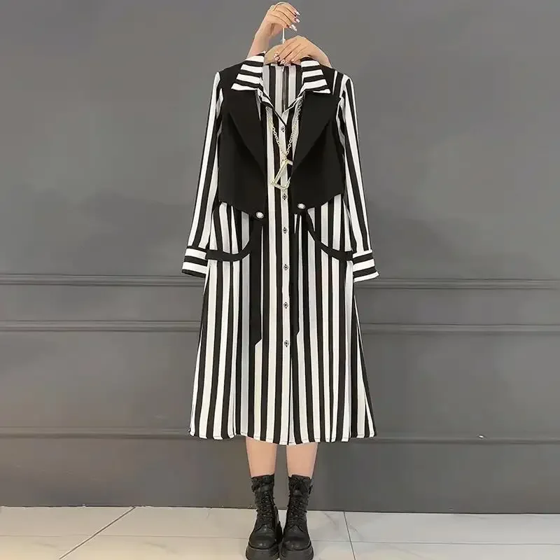 

Striped Printed Midi Shirt Dresses Women's Spring Single-breasted Fashion Fake Two Pieces Long Sleeve Casual Commute Dress L104