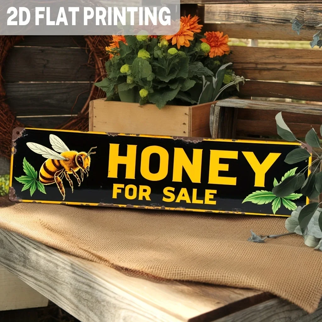 2D Flat Vintage Honey Metal Sign - Beekeeping Decorative Pattern - Rustic Style Kitchen, Porch, or Market Stall Decoration