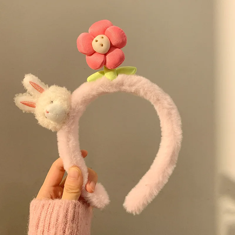 YHJ Cute Rabbit Hair Bands Pink Flower Plush Hair Hoop Trend Female Headband Head Hoop Sweet Hair Bands Accessories for Women