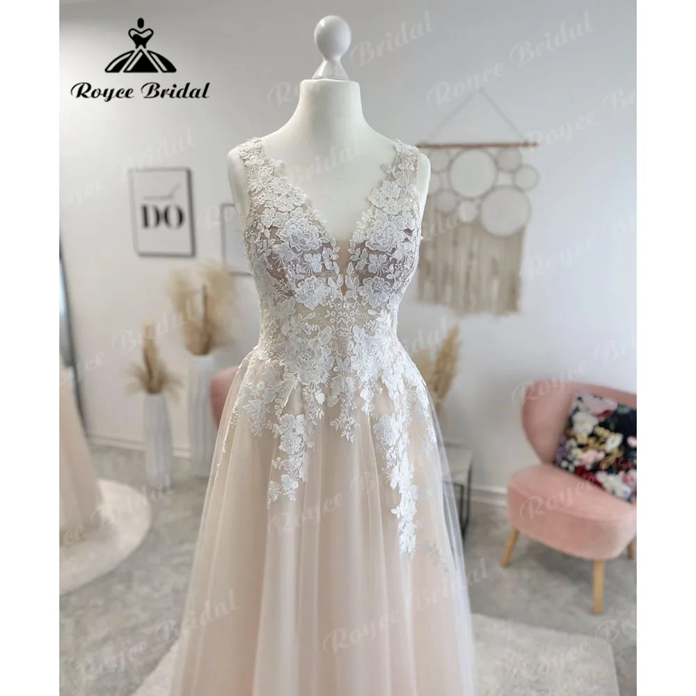 Vestidos Summer Plunging V Neck Lace Boho Civil Champagne Wedding Dress for Bride 2024 Appliques Wedding Gown Robe de mariee