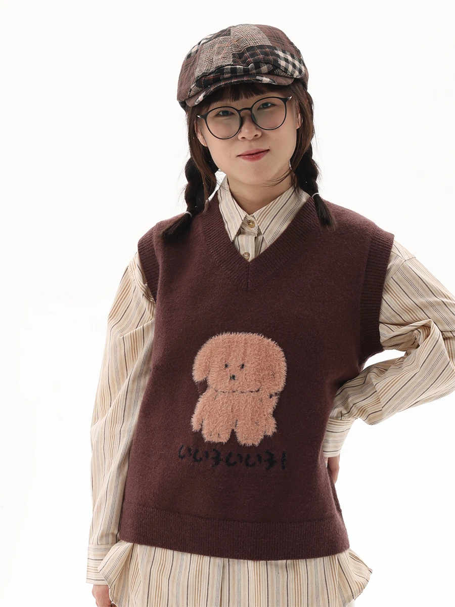 

Cute Little Dog Plu Vest Layering Faionable Autumn Coffee Color Universal Sle Commute Wind Pure Color Polypropylene Vest