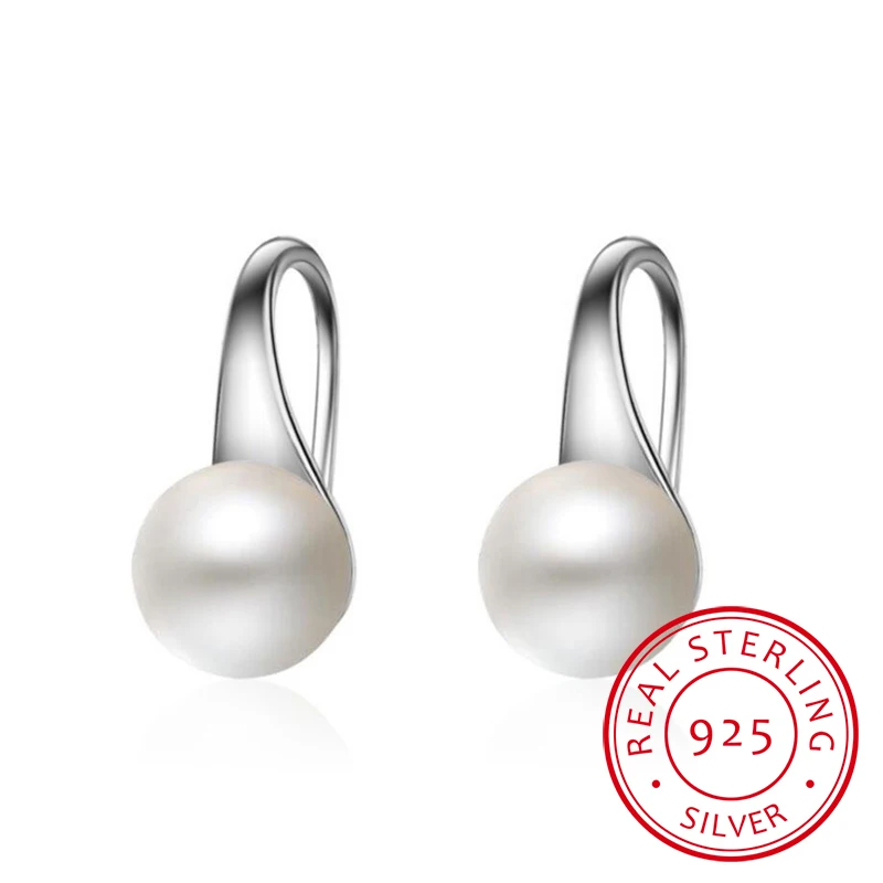 Pure 925 Sterling Silver Earrings Drop Women Round Natural Freshwater Pearl Hook Dangle Earring Ear Drops Brincos De Prata New