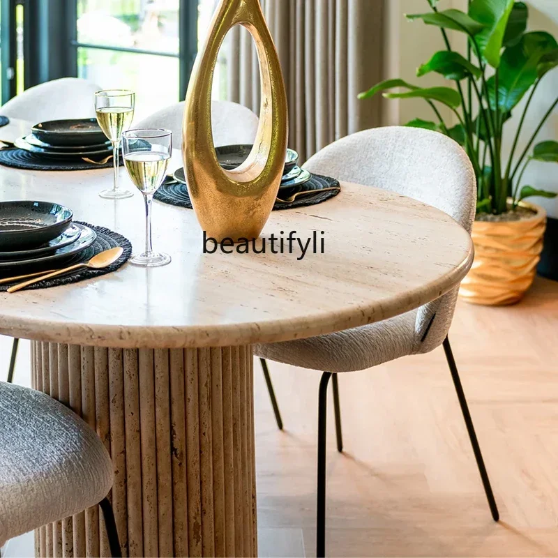 

A26 French Cream Light Luxury Marble Oval Dining Table Wabi Sabi Roman Travertine Home Restaurant a16