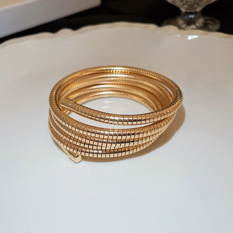 Multi-layer Winding Elastic Bracelet Bangle Necklace for Women Personality Temperament Gold Silver Color Metal Jewelry Set