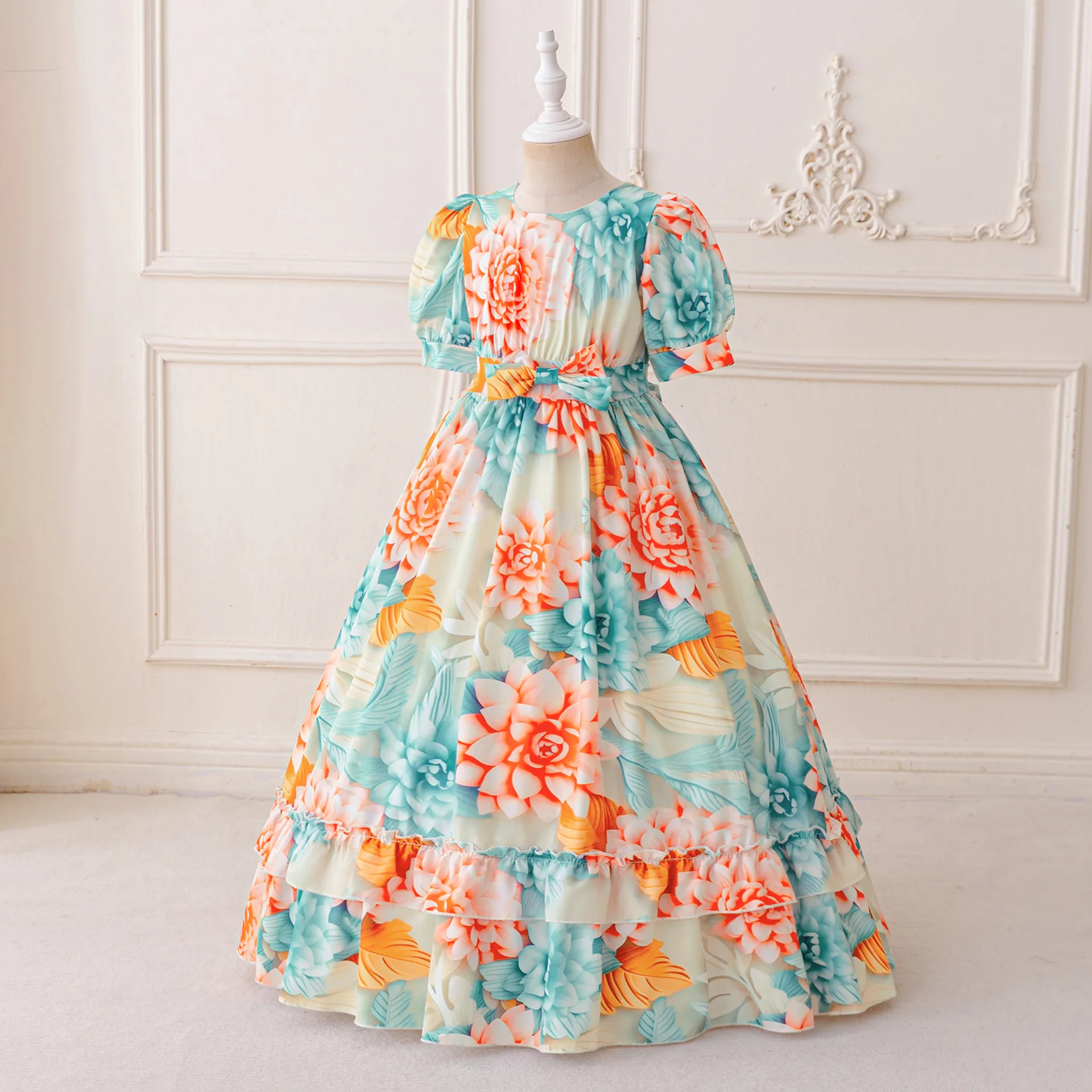 Children's Gown Elegant Party Dresses For Girls Festive Dress Flower Long Dress Fashion Print Girls Princess Dress Summer Dress