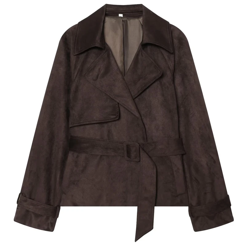 HXAO Women's Cropped Faux Suede Jacket Demi-Season Ladies Belt Lapel Collar Long Sleeve Windbreaker Outerwear High Street Coats