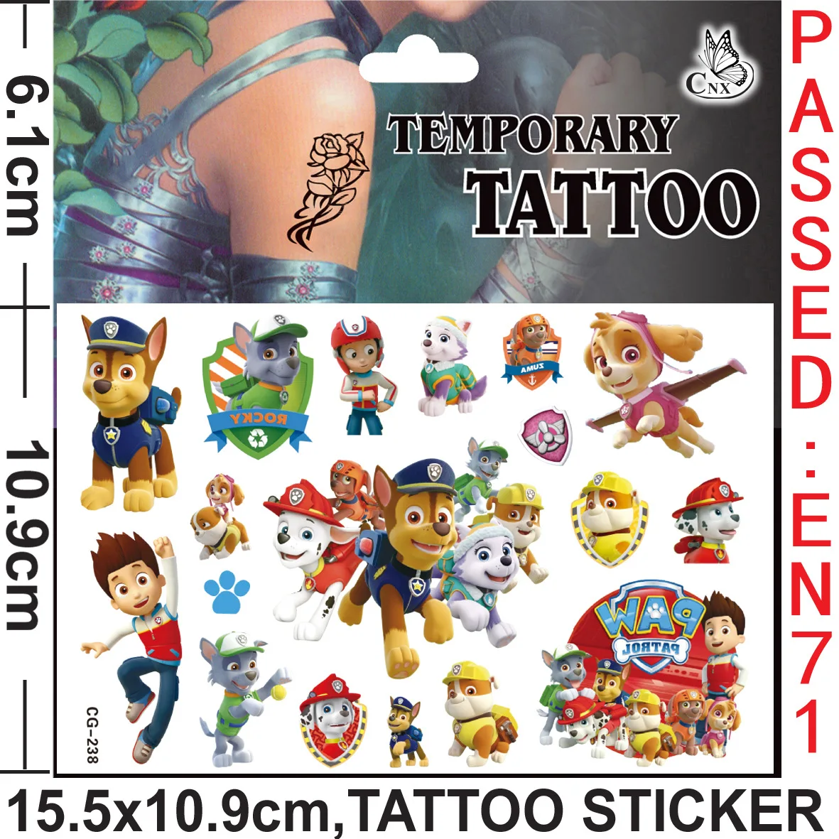 Autocollants de tatouage Pat'Patrouille pour enfant, 12styles différents, dessin animé mignon, modèle chien, beurre, chasse, Marshall, Rocky, cadeaux