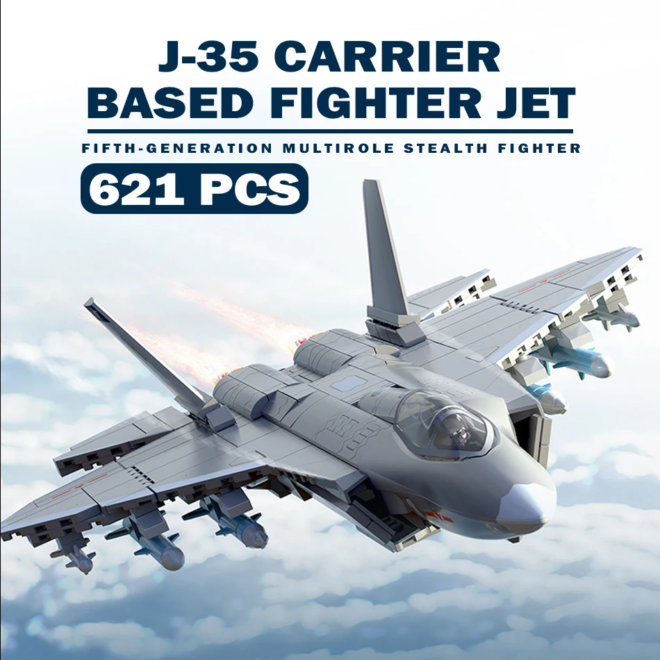 MOC 테크니컬 밀리터리 J-50 스텔스 항공기 모델 빌딩 블록 J-35 캐리어 기반 전투기 브릭 장난감 (어린이/성인 선물용)