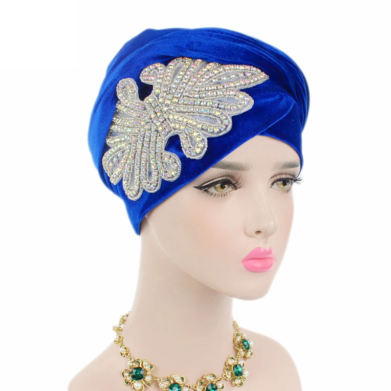 New Luxury Women Rhinstone Velvet Hijab Turban Cap Muslim Long Tail Headscarf Hat Bonnet Nigerian Hijab Head Scarf Bandanas