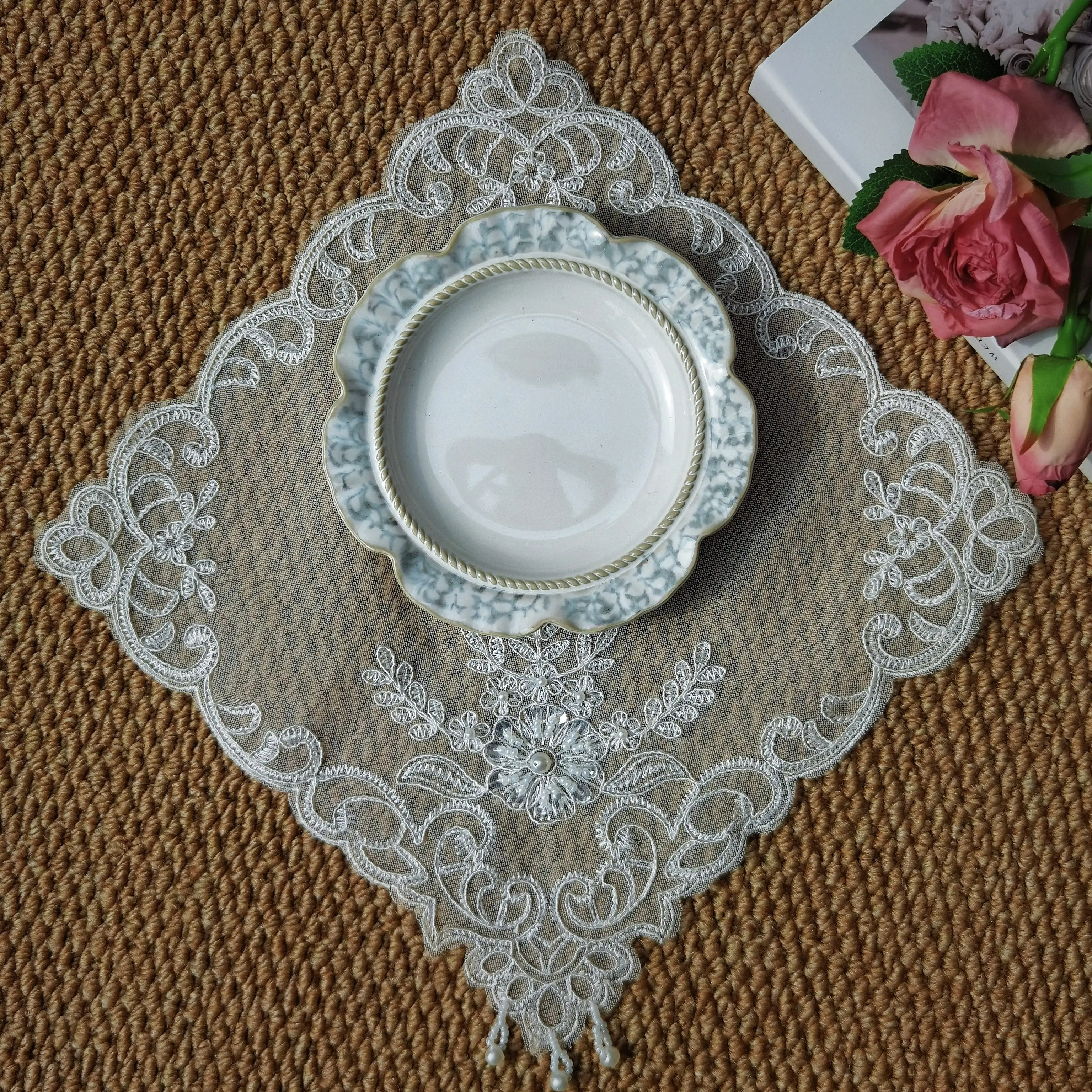 Handmade Beaded Placemat Wedding Lace Placemats Holiday Plate Mat Modern Dining Table Pads Birthday Table Decoration