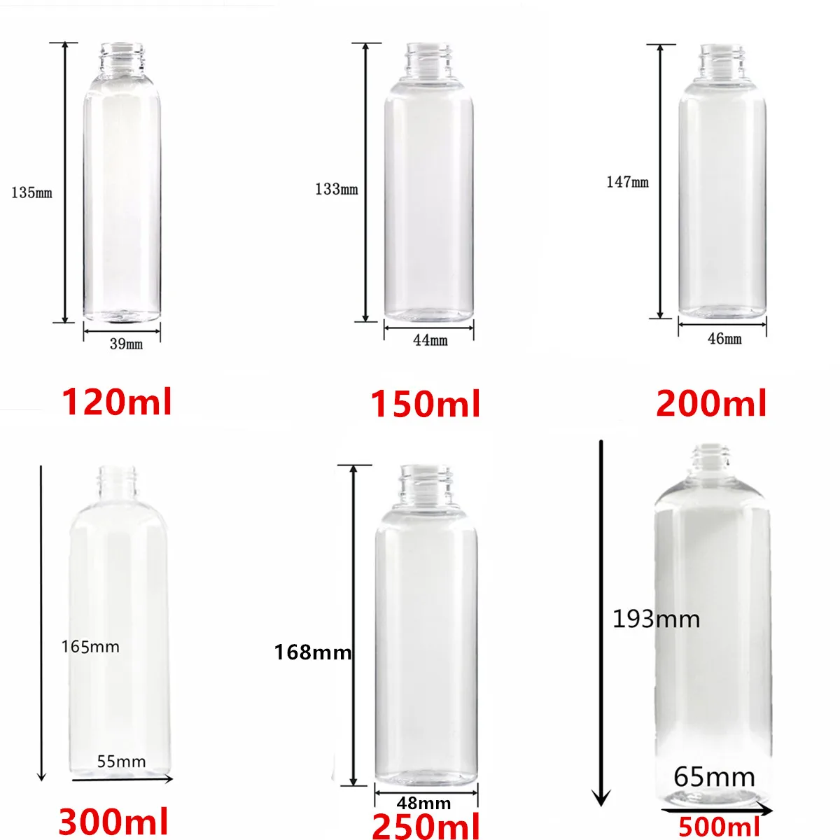 Garrafa de plástico redonda com flip top, garrafa clara pet, amostra de viagem, vazio, 1oz, 2oz, 30ml, 50 ml, 60 ml, 100 ml, 120 ml, 150 ml, 200 ml, 250 ml, 300 ml, 500ml