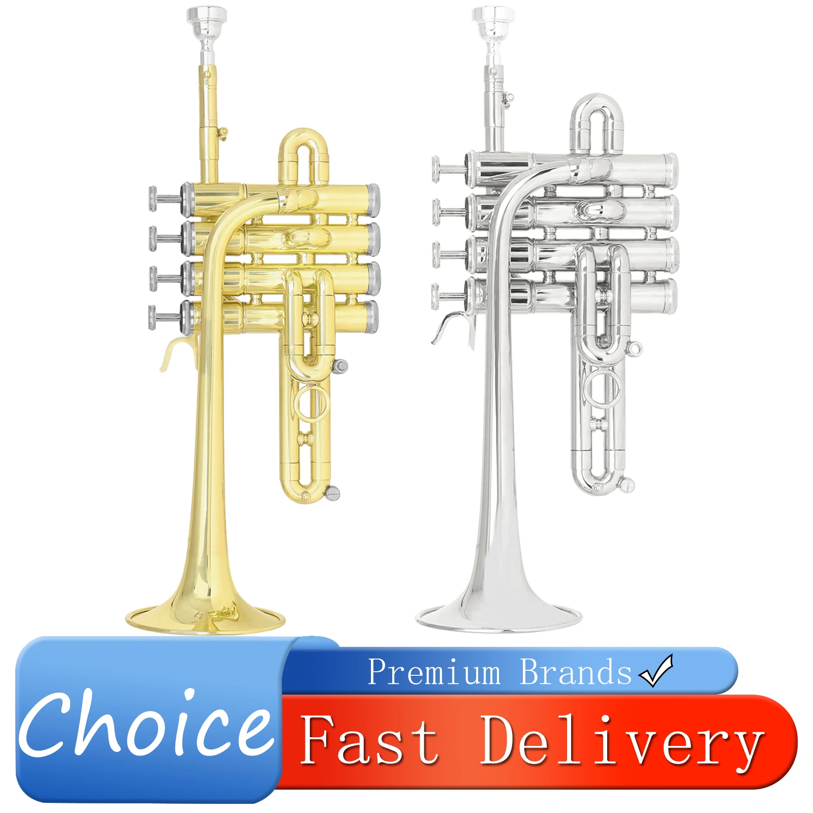 SLADE 4 Valve Piccolo Trumpet Bb/A Convertible Brass Trumpet Gold Lacquer Silver Plated with Two Leadpipes for Band Performance