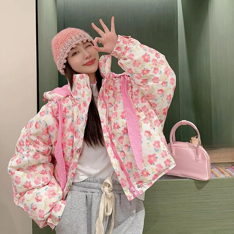 

Winter New Korean Style Cute Flower-patterned Cotton-padded Jacket for Women 2026 Loose Hooded Thick Short Bread Outerwear