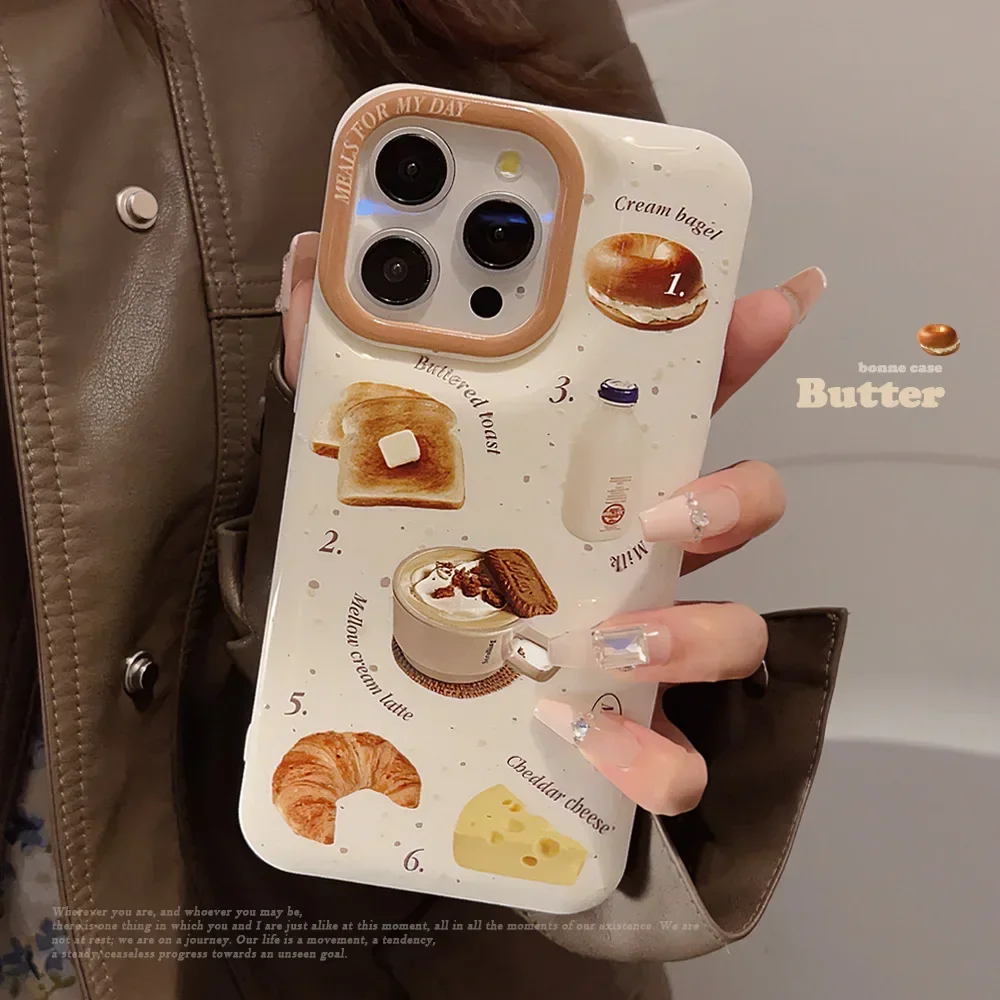 Toast bread coffee cappuccino Illustration Phone Case For iPhone 16 15 14 13 12 Pro Max Xr 15 14 16 Plus Case Cute cartoon Cover