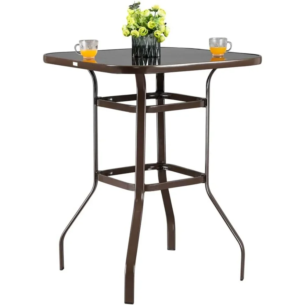 

31.5 Inch Indoor-Outdoor Bar Height Table - Square Tempered Glass & Metal for Patio, Backyard, Poolside & Garden (Brown)