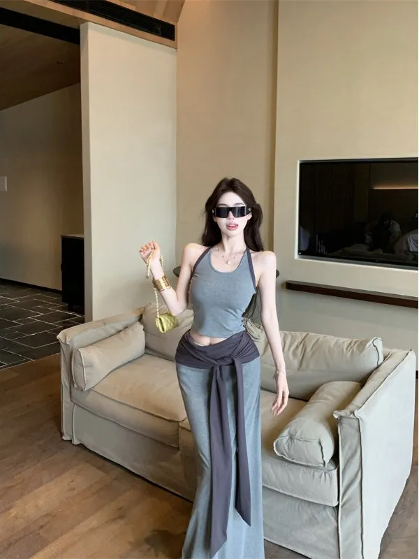 Color Blo ort Crop Top And Skirt Set for Women Summer Design Sense Hanging Ne Strap Vest ter f Body Skirt Two Pie...