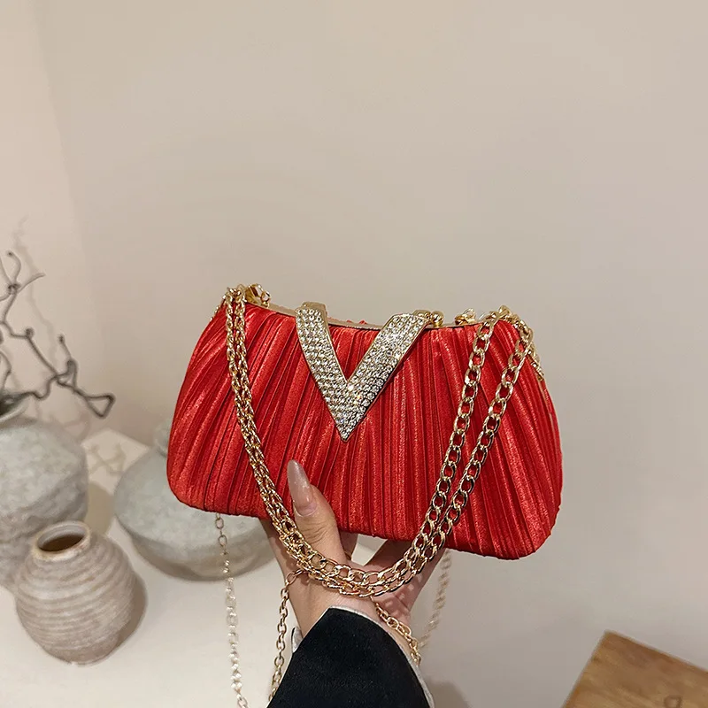 New Rhinestone Dinner Bag for Women European and American Fashion Niche Versatile Shoulder Bag Chain Crossbody Pleated