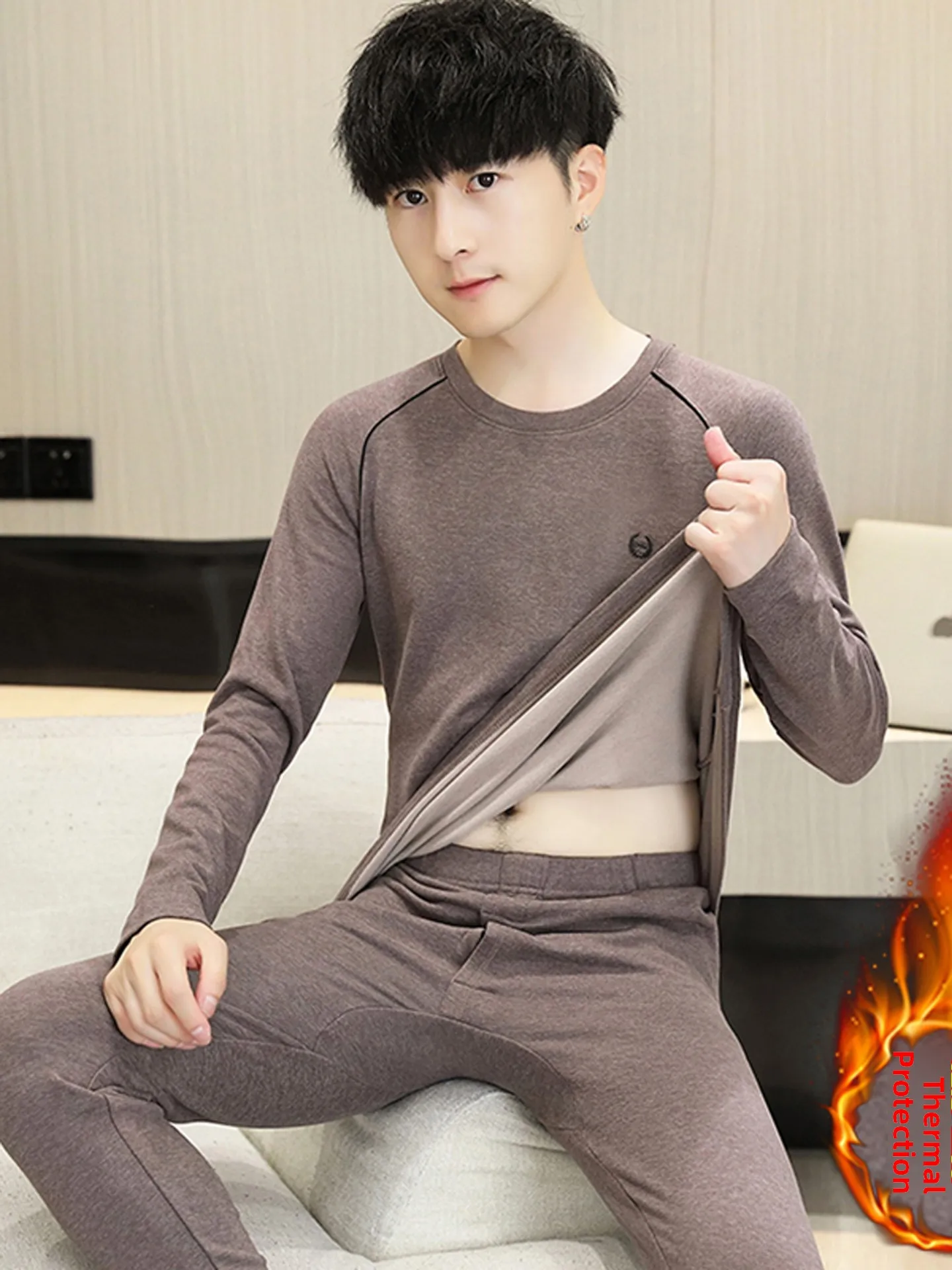 

Мужской термокомплект Thiened: двусторонний, круглый вырез, однотонный, для осени, комплект из двух предметов