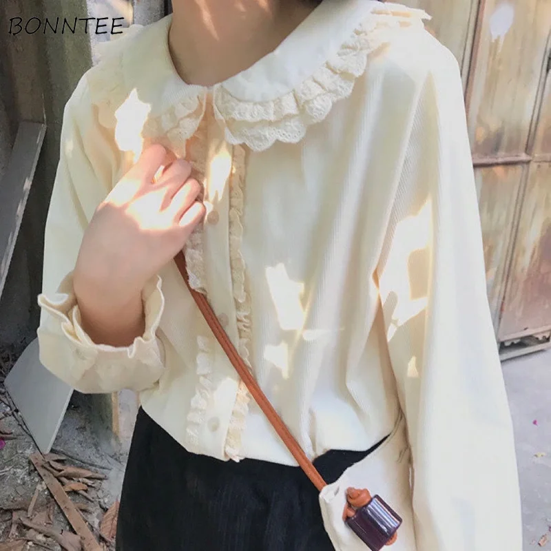 

Женские рубашки в японском стиле, милые, осенние, повседневные, на одной пуговице, модные, с воротником Питер Пэн, для подростков, уютные, чистые, хит продаж, универсальные