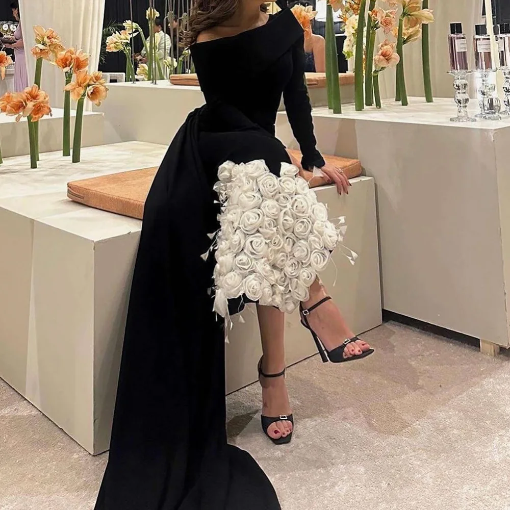 Buttons Back Flowers Panel Train Jersey Long Sleeves Off the Shoulder Boat Neck Back Slit Straight Temperament Evening Dress