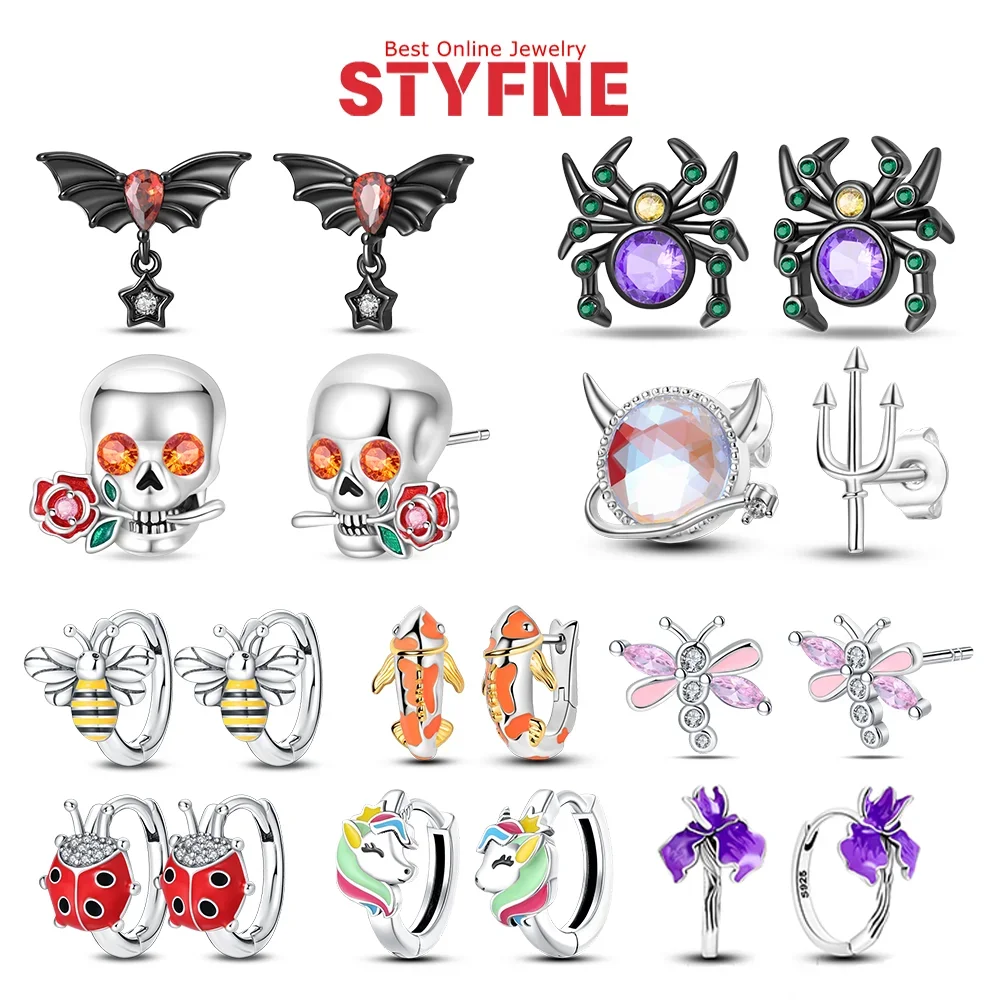 

Animal Series Earrings Bee Ladybug Koi Fish Dragonfly Dark Spider Bat Earrings 925 Silver Holiday Party Exquisite Jewelry
