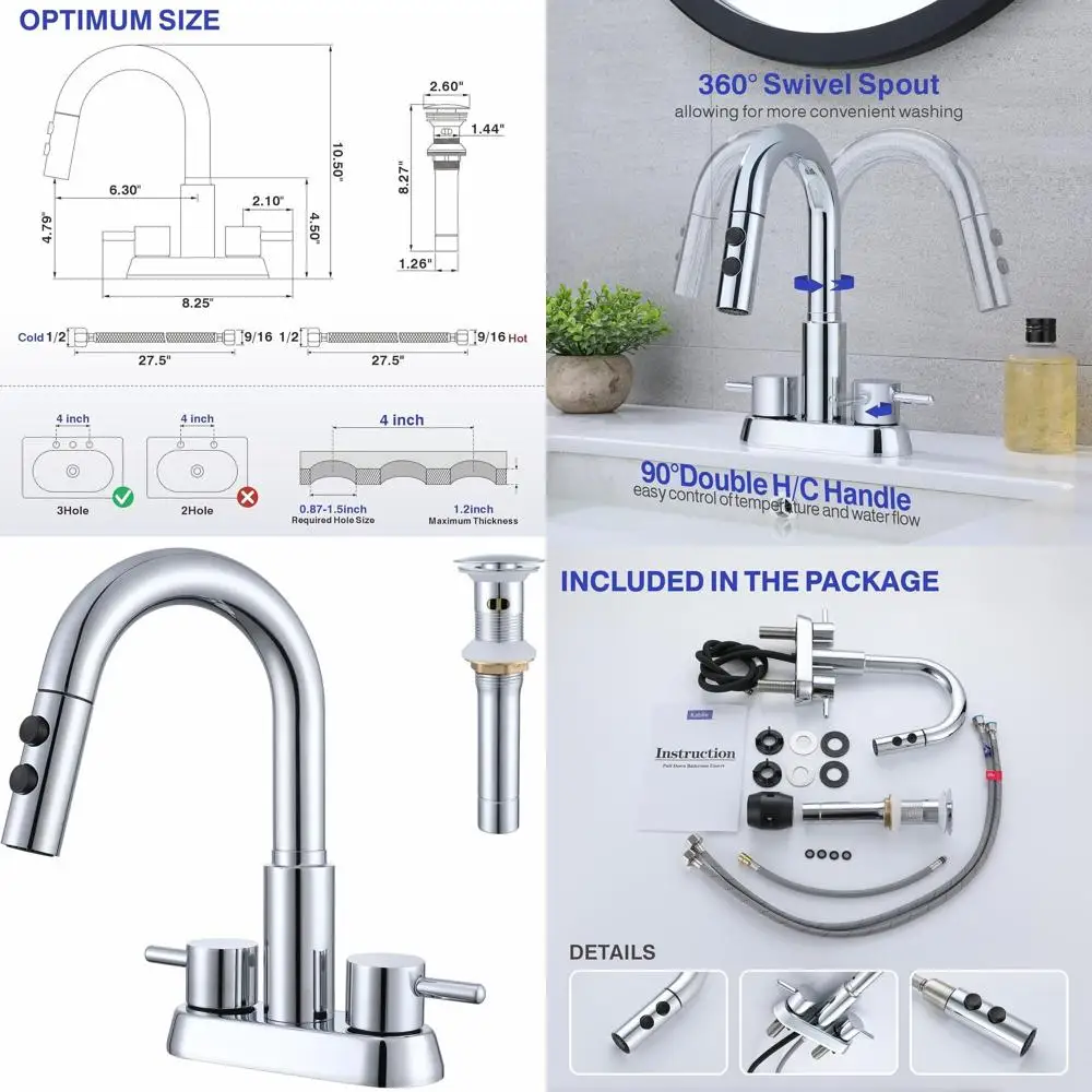

3-Hole Chrome Centerset Laundry Sink Faucet with Pull-Out Sprayer and Pop-Up Drain
