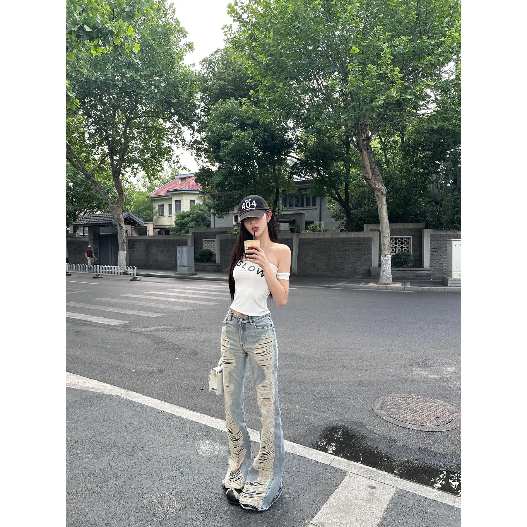 y2k Vintage Women Jeans High Waist Zipper Button Ripped Denim Trousers with Pockets Aesthetic Streetwear Washed Jeans