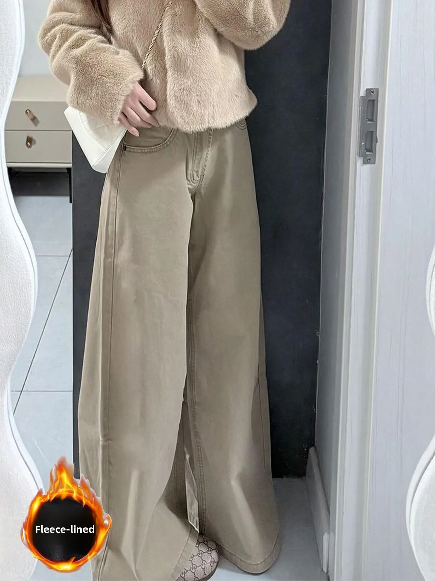 

Джинсы цвета хаки с высокой талией на подкладке, широкие джинсы прямого кроя, женские осенне-зимние новые драпированные брюки свободного покроя