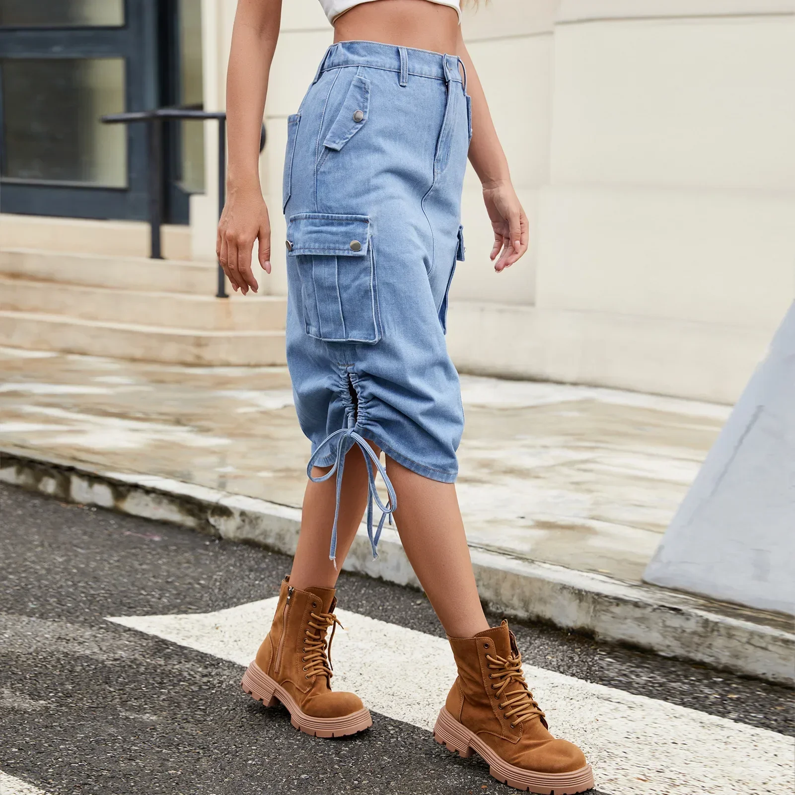 デニムロングスカート レディース ストリートウェア スカート レースアップ ウエストゴム ウォッシュド加工 ダメージ加工 マルチポケット 2025 女性 ヴィンテージ Aライン