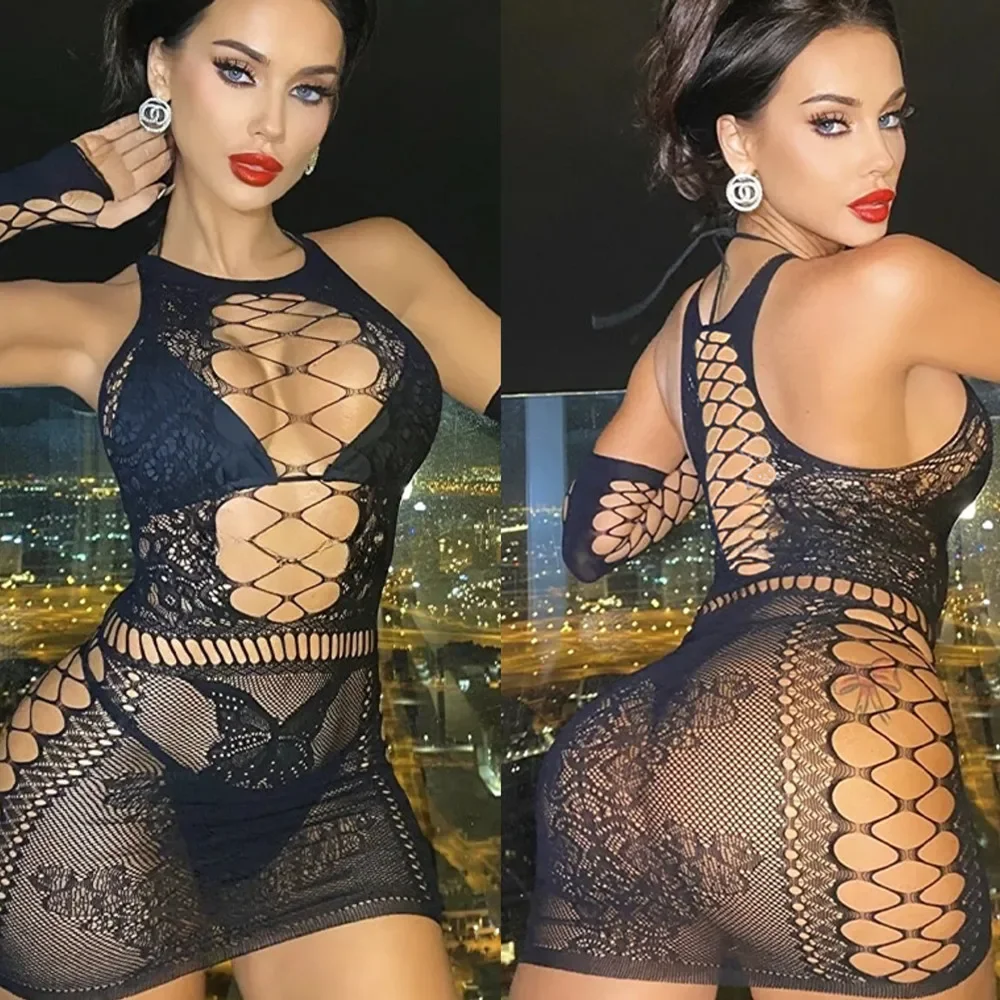 See Through Transparent Hollow Out Mesh Dress Women's O Neck Sexy Bodycon Skirt Club Party Wear Slim Solid Mini Dresses