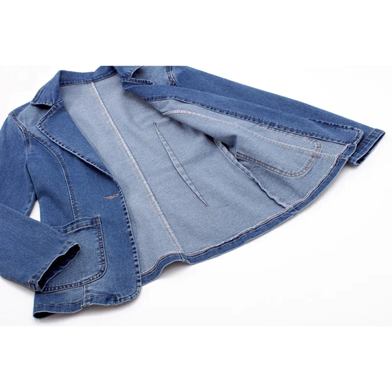 Vintage Blau Dünne Kurze Anzug Kragen Denim Jacke Mantel Frauen Koreanische Cowboy Oberbekleidung Große Tasche Langarm Jeans Jacke Weibliche
