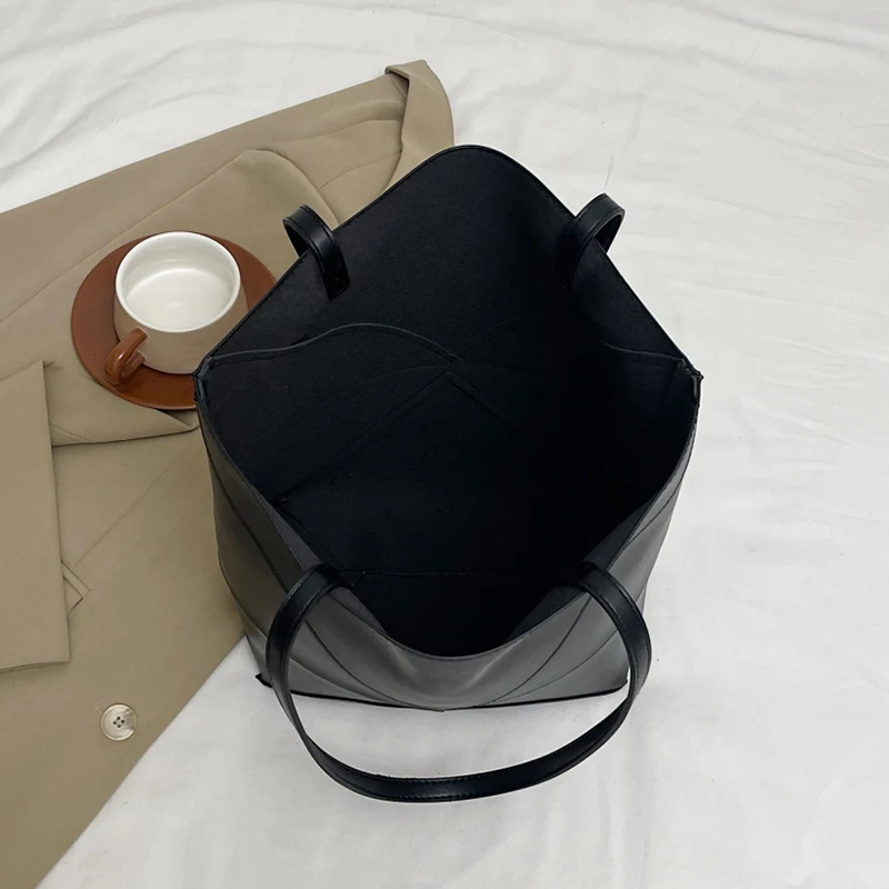 Große Kapazität Tasche Für Frauen Pu Leder Handtasche Designer Eimer Schulter Tasche Weibliche Top Griff Tote Einfache Reisetasche Schwarz – Detail 9