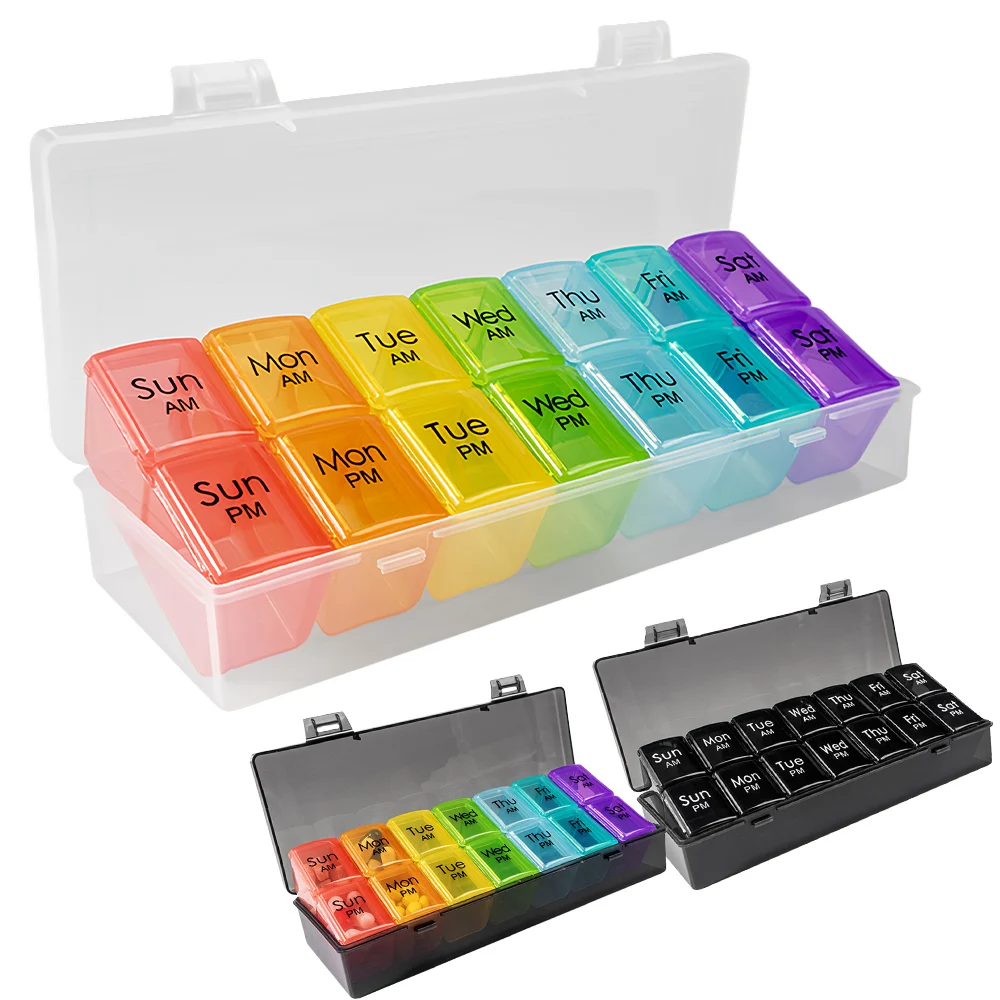 

Weekly Pill Organizer 2 Times a Day, AM PM Pill Organizer with 7 Daily Coded Small Cases,Travel Pill Cases for Vitamins,Medicine