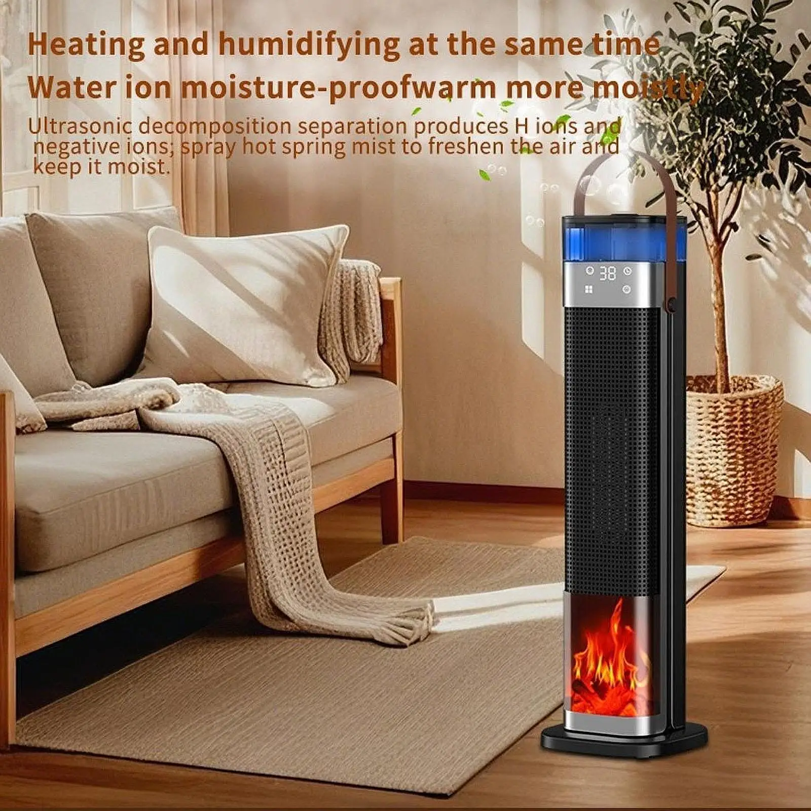 Space Heater Humidifier 3D Simulated Flame Portable Indoor 12H Timer Overheating & Tip over Protection Fast Electric Heater