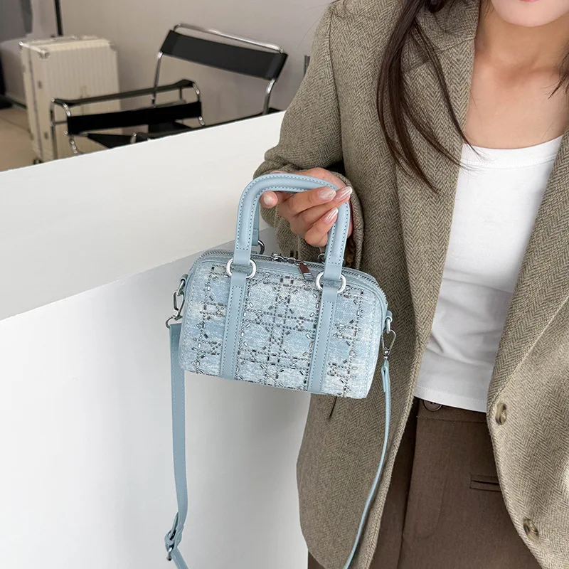 

2025 Denim Shoulder Bag, Niche Crossbody Purse for Women, Printed Top Handle Tote, Chic Day to Night Bag, Textured Sling Bag