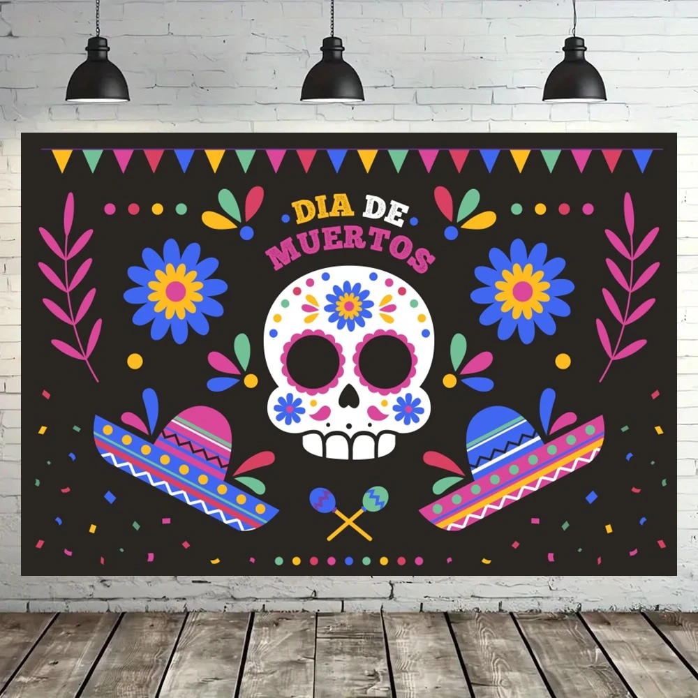 Mexican Fiesta Backdrop Day Of Dead Skull Candle Dancer Dia De Los Muertos Cactus Guitar Party Decor Photo Studio Props Banner